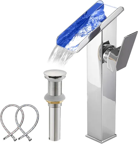 Miniatura 10 de Grifo de Recipiente Negro para Baño Cascada Boquilla Abierta LED Cambio de Color por Temperatura Grifo de Lavabo para Fregadero de Tazón Mango