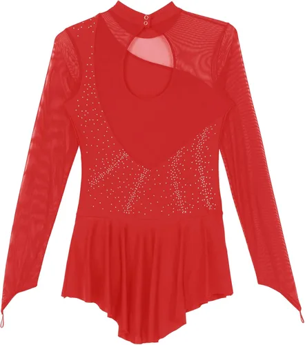 Miniatura 6 de Vestido de patinaje sobre hielo artístico para mujer, manga larga, diamantes de imitación brillantes, patinaje sobre ruedas, disfraz de danza lírica