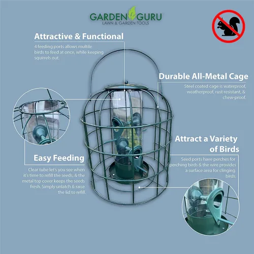 Miniatura 5 de Garden Guru - Comedero para pájaros a prueba de ardillas, tubo enjaulado para colgar al aire libre con 4 perchas para pájaros silvestres pequeños