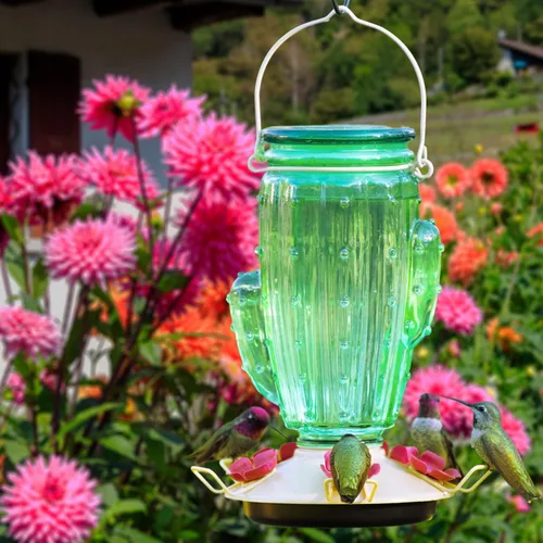 Miniatura 7 de Perky-Pet Comedero para colibríes de vidrio con relleno superior de cactus con protectores de abeja integrados y perchas extraíbles, capacidad