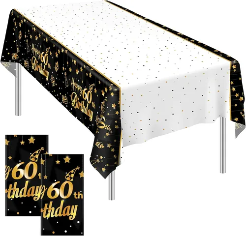 Ruisita Paquete de 2 manteles rectangulares para fiestas de cumpleaños 60 en interiores o exteriores, color negro y dorado Oro negro 60
