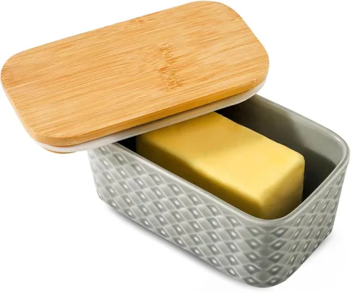 Miniatura 9 de Hasense Mantequillera de cerámica con tapa, recipiente grande para mantequilla hermética para encimera, patrón azul marino en relieve, fácil