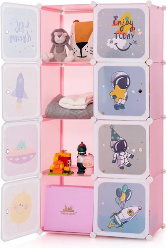 INFANS Armario para niños, armario portátil para bebé, lindo para dormitorio de niños, armario de guardería con puertas, 12 cubos, 2 secciones para