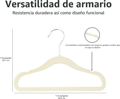 Miniatura 5 de Amazon Basics Perchas de terciopelo antideslizantes para niños que ahorran espacio con muescas para el hombro, construcción resistente para Beige