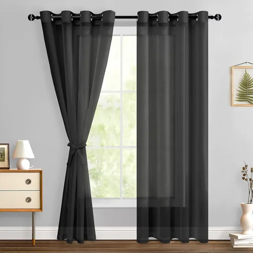 Miniatura 39 de Hiasan - Cortinas traslúcidas de gasa cortas semitransparentes con ojales y alzapaños filtrantes de luz para ventana, dormitorio, baño, 2 paneles