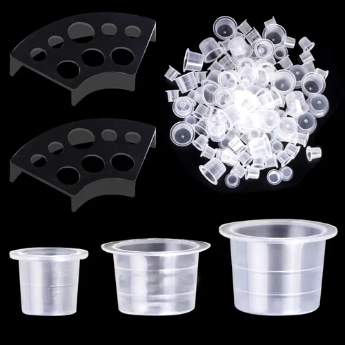 Miniatura 3 de UPTATSUPPLY Tazas de tinta de tatuaje, 300 unidades, tamaño mixto, pigmento de maquillaje permanente, transparente, tapa de contenedor, accesorio