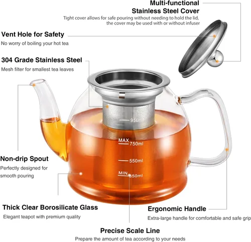 Miniatura 2 de Tetera de vidrio, tetera de 33 onzas / 33.8 fl oz con infusor extraíble, tetera transparente para té de hojas sueltas y té floreciente, hervidor