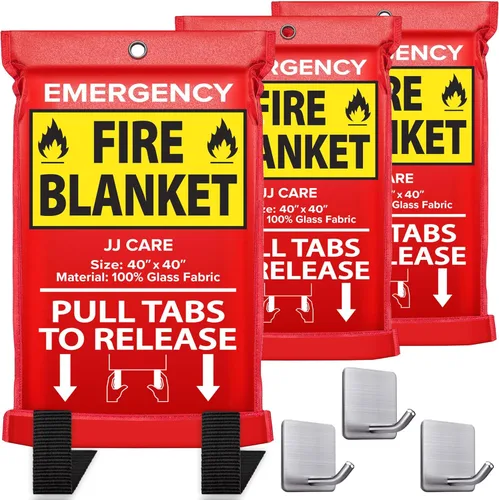 JJ CARE Manta contra incendios, 3 paquetes con ganchos, manta de emergencia contra incendios para el hogar y la cocina, mantas de supresión de