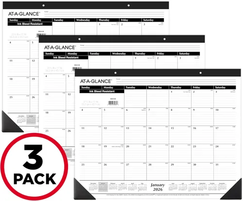 AT-A-GLANCE Calendario de escritorio 2026, almohadilla de escritorio, mensual, 21-3/4" x 17", grande, bloques con rayas, paquete de 3 (AZSK240026)