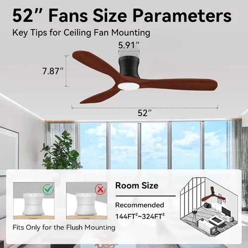 Miniatura 5 de Ventiladores de techo inteligentes de perfil bajo de 52 pulgadas con luces y control remoto, 3 aspas de madera, motor de CC silencioso, ventilador