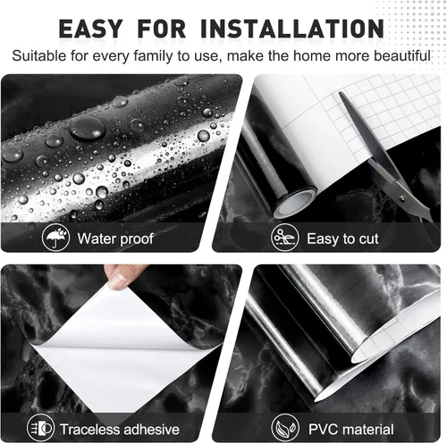 Miniatura 2 de Papel adhesivo de mármol negro, brillante, para despegar y pegar, para encimera, muebles, impermeable, extraíble, papel de pared extraíble, cocina