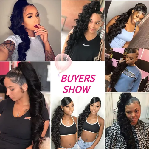 Miniatura 3 de KRSI Extensión de cola de caballo larga y ondulada con cordón, 28 pulgadas, 1B#, para mujeres, clip de cabello negro, cabello sintético, extensión