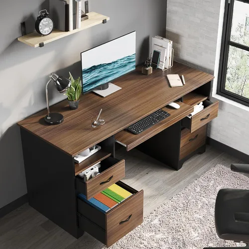 Miniatura 7 de Bestier Escritorio para computadora de 59 pulgadas con 4 cajones, escritorio de oficina con almacenamiento, escritorio ejecutivo industrial