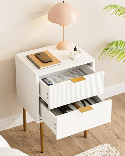 Miniatura 3 de Mesita de noche, mesa auxiliar pequeña con marco dorado, mesita de noche moderna con 2 cajones, mesa de centro, mesa auxiliar con cajón y estante