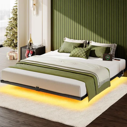 Miniatura 8 de Base de cama flotante tamaño matrimonial, luces LED inteligentes y estación de carga, 9.45 pulgadas de alto espacio libre, tapón deslizante