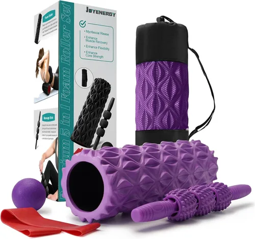 JOYENERGY Juego de rodillos de espuma 5 en 1, rodillo de espuma de punto gatillo, barra de masaje, bola de masaje, correa de estiramiento para