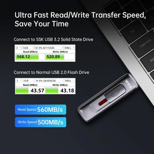 Miniatura 4 de SSK USB Drive 128GB, hasta 560 MB/s Velocidad de Lectura Pendrive, Memoria Rápida con USB 3.2 Gen 2 Dual Deslizante FlashDrive Tipo-c +A? SSD