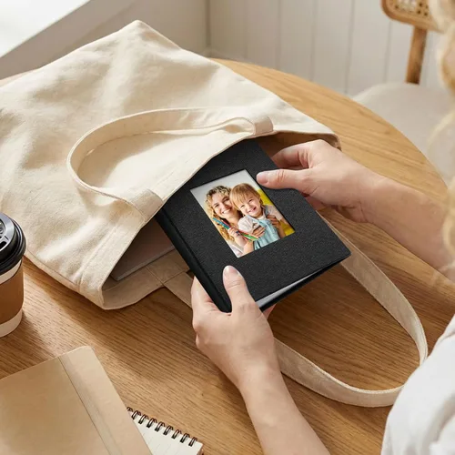 Miniatura 6 de Vienrose Álbum de fotos pequeño de 4 x 6 pulgadas, paquete de 2 mini libros de fotos con cubierta de lino, 26 páginas con capacidad para 52 Negro