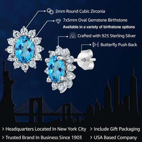 Miniatura 184 de Gem Stone King Aretes ovalados de plata de ley 925 de 0.276 x 0.197 in con piedra natal de la princesa Diana, estilo halo real para mujeres