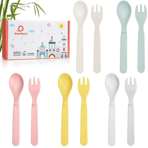 Shopwithgreen Juego de utensilios de bambú para niños pequeños, juego de cucharas y tenedores para bebés y niños pequeños, juego de cubiertos
