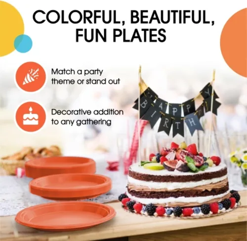 Miniatura 5 de Exquisite Party Solids - Platos de plástico naranja para suministros de fiesta, platos desechables de 9 pulgadas, resistentes, 50 piezas, juego