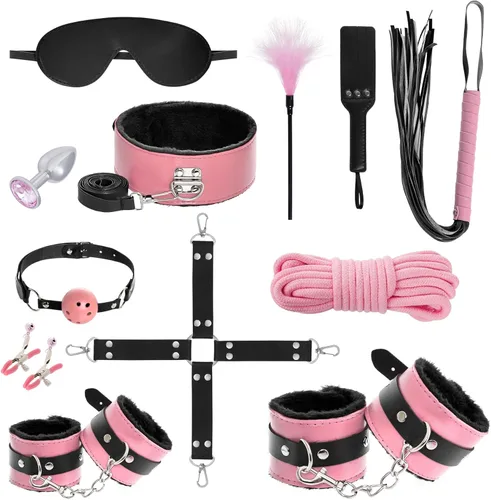 Miniatura 12 de Rbenxia 12 piezas de kits de restricciones BDSM Bondage para el sexo, esposas de fetiche, esposas de tobillo, collar, venda para los ojos, látigo