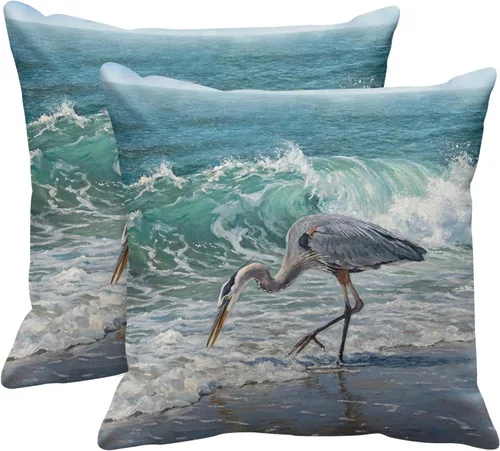 Emvency Juego de 2 fundas de almohada decorativas cuadradas de 18 x 18 pulgadas, color azul garza de playa, olas de mar, acuarela, decoración de