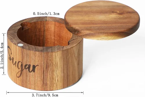 Miniatura 4 de Caja de especias de madera de acacia con cubierta giratoria para encimera de cocina, conservador de sal con cuchara integrada, moderno decorador