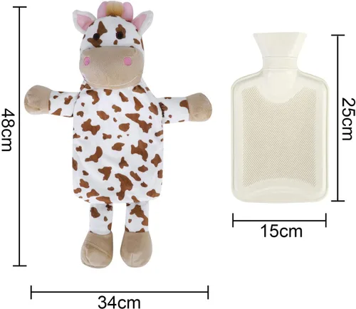 Miniatura 3 de Mini calentador de botellas de agua caliente con linda funda de animal de peluche de vaca, cintura, cuello, hombro, bolsa de agua fría y caliente