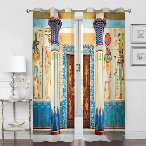 Renaiss Cortinas egipcias, mural egipcio antiguo, figura mitológica histórica, pirámide, tratamiento de ventana, 45 pulgadas de alto x 29 pulgadas
