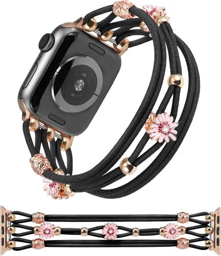 Miniatura 9 de TOYOUTHS - Pulsera floral compatible con Apple Watch de 42/41/40/38mm para mujer, correa elástica trenzada de cuentas boho, delgada y elegante