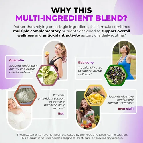 Miniatura 5 de Suplemento de quercetina con bromelina, vitamina C y zinc, nattoquinasa, NAC, saúco, saúco Complejo ultra antioxidante 8 en 1 para la salud inmune