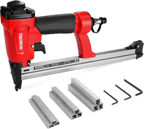 Miniatura 9 de WORKPRO Pistola de grapas neumática de calibre 20, grapadora de tapicería T50 con 1260 grapas de 1/4 a 5/8 pulgadas, escape trasero