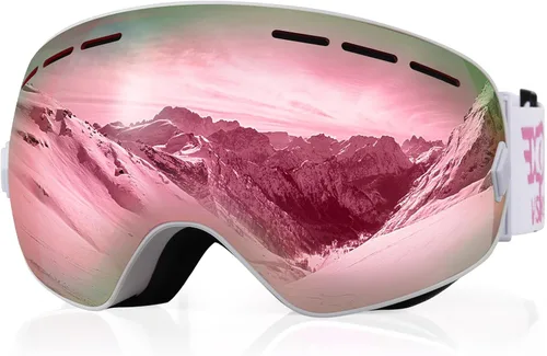 Miniatura 6 de EXP VISION Gafas de esquí de snowboard para hombres, mujeres y jóvenes, antiempañamiento OTG, gafas de nieve de invierno, lentes desmontables Rosa