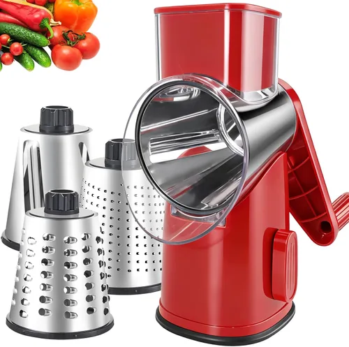 Miniatura 11 de Weltonhm Ralladores rotativos de queso con 4 cuchillas, rallador de queso de manivela con rebanador de gofres, triturador de queso rojo, negro