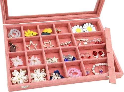 Miniatura 3 de Wudygirl Organizador de joyas, bandeja de terciopelo para joyas, caja de joyería de 24 rejillas con tapa, apilable, almacenamiento de joyas
