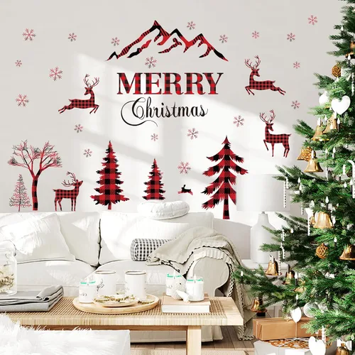 Miniatura 5 de Adhesivo de pared de Navidad - Árbol de bufalo de cuadro rojo y negro, pegatinas de ventana de venado, nieve removible para decoración del hogar