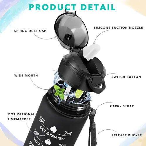 Miniatura 3 de Enerbone Botella de agua potable de 32 oz con tiempos para beber y popote, motivacional con correa para llevar, a prueba de fugas, sin BPA ni NEGRO