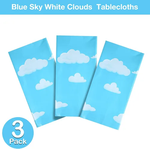 Miniatura 3 de Tatuo Mantel de historias de dibujos animados con nubes blancas y cielo azul para decoración de cumpleaños, 54 x 108 pulgadas (3 piezas)