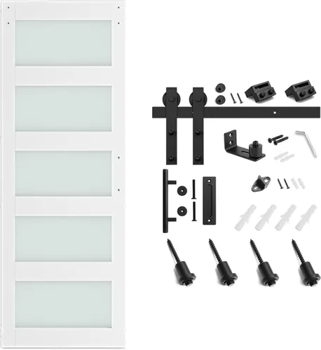 Miniatura 7 de SMARTSTANDARD - Puerta de granero de vidrio de 28 x 84 pulgadas con kit de herrajes deslizantes de 5 pies y asa, preperforada lista para montar