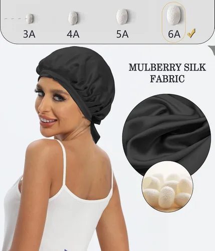 Miniatura 2 de Cocheng Gorro de seda 100% morera de doble cara con cinta ajustable, gorro de seda de 19 momme para dormir (rosa frijol)