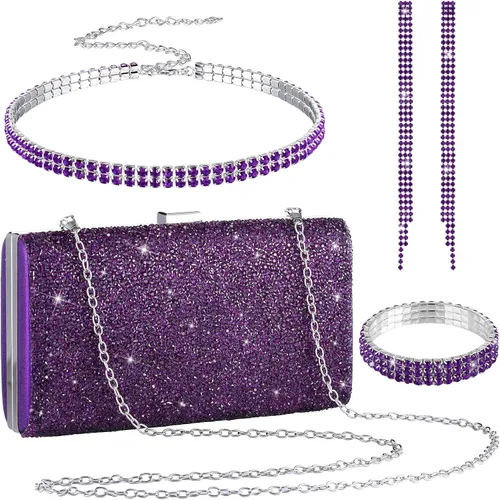 Miniatura 11 de Kigeli 4 Pieces Women Rhinestone Evening Clutch Bag Bling Earring Necklace Bracelet for Wedding Graduation Prom
