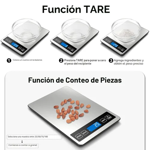 Miniatura 4 de Fuzion Báscula de alimentos, báscula digital de cocina de 1 g/0.1 oz, 22 libras, 7 unidades, tara y PC, potencia recargable, vidrio templado y acero