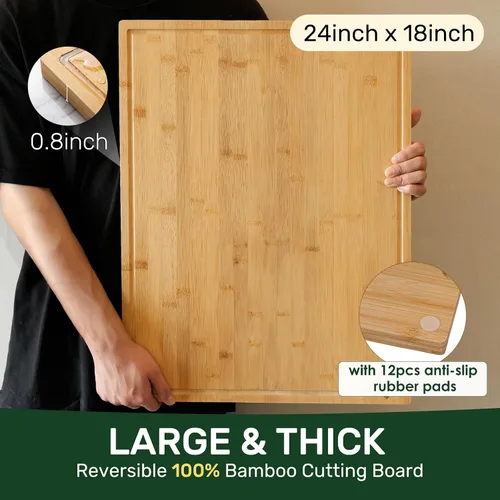 Miniatura 3 de Tabla de cortar de bambú de 24 pulgadas para cocina, tabla de cortar de madera extra grande con ranura profunda para jugo y mango, tabla de cortar