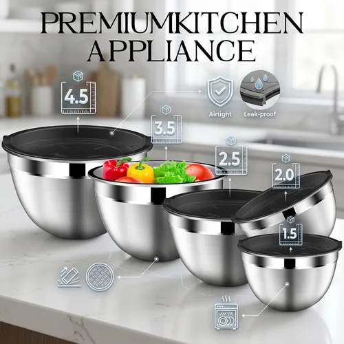 Miniatura 2 de DUTZUN Stainless Steel Mixing Bowls with Airtight Lids Set of 5, Black Best Kitchen Gifts for Mixing, Baking, Prep, Salads, Serving, Cooking
