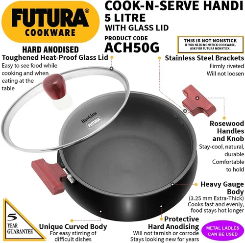 Miniatura 2 de Hawkins Futura - Cook n Serve Handi de 5 litros, anodizado duro Biryani Handi con tapa de vidrio, cacerola, sartén, negro (ACH50G) pulido