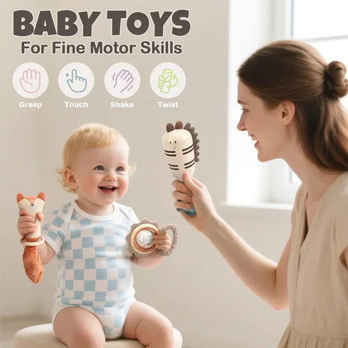 Miniatura 7 de Juego de sonajeros y mordedores para bebés de 0 a 6 meses, juguetes de dentición de 3 a 6 meses, juguetes sensoriales con texturas suaves, sonidos