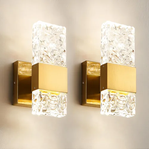Epinl Apliques de Pared Dorados - Juego de Dos Apliques de Pared de Cristal Modernos para Tocador de Baño, Luminarias de Instalación Fija, Moderno,
