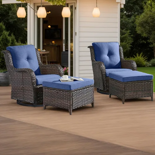 Miniatura 89 de HUMMUH Sillas Mecedoras Giratorias de Mimbre para Patio Exterior con Respaldo Alto, Sillas Deslizantes de Ratán PE, Juego de Muebles de Patio de 4