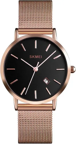 SKMEI Womens Watches Slim Thin Luxury Dress Rose Gold Stainless Steel Mesh Watches Fashion Waterproof Ladies Black Wrist Watch with Date